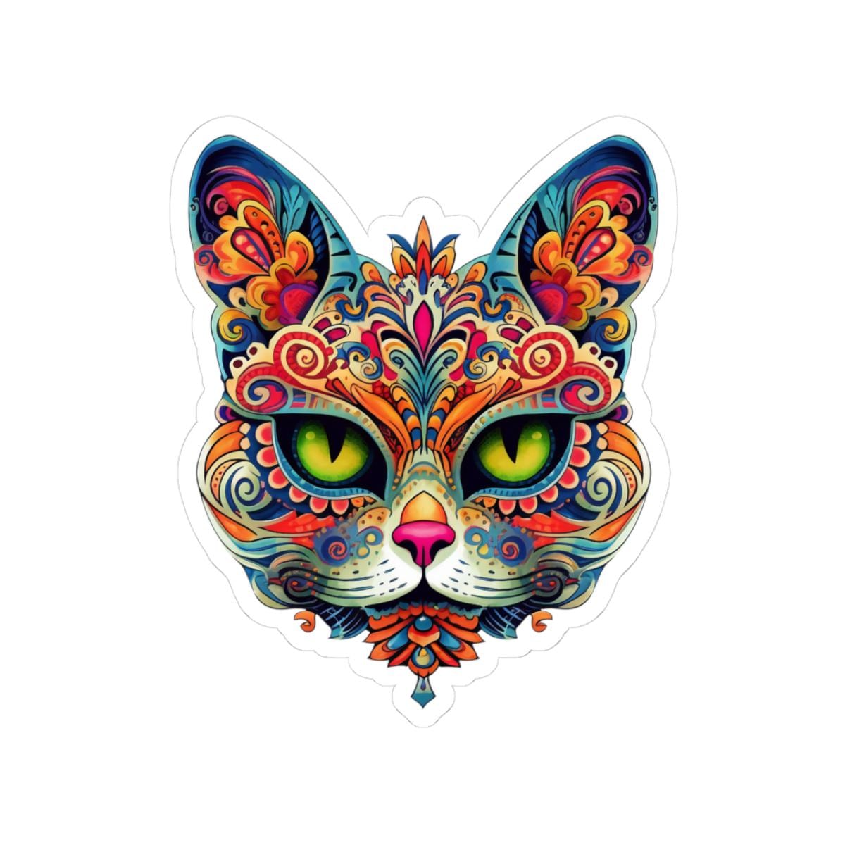 Psychedelic Mandala Cat Sticker | Vibrant Floral Trippy Vinyl Decal (Waterproof)