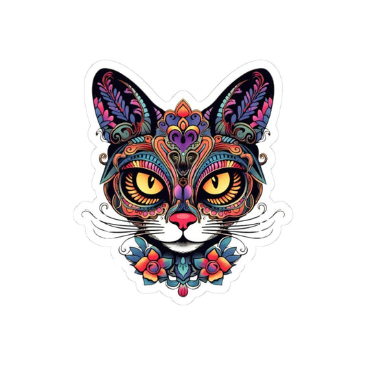 Floral Psychedelic Cat Sticker | Trippy Mandala Vinyl Decal, Yellow Eyes