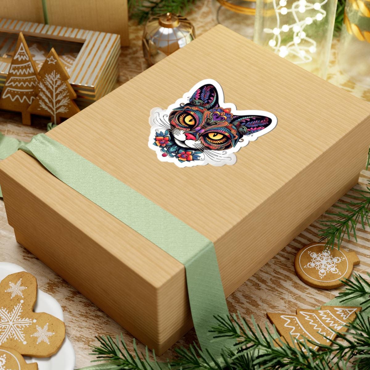 Floral Psychedelic Cat Sticker | Trippy Mandala Vinyl Decal, Yellow Eyes