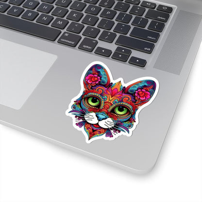 Psychedelic Floral Cat Sticker | Mandala Calavera Cat Decal, Green Eyes