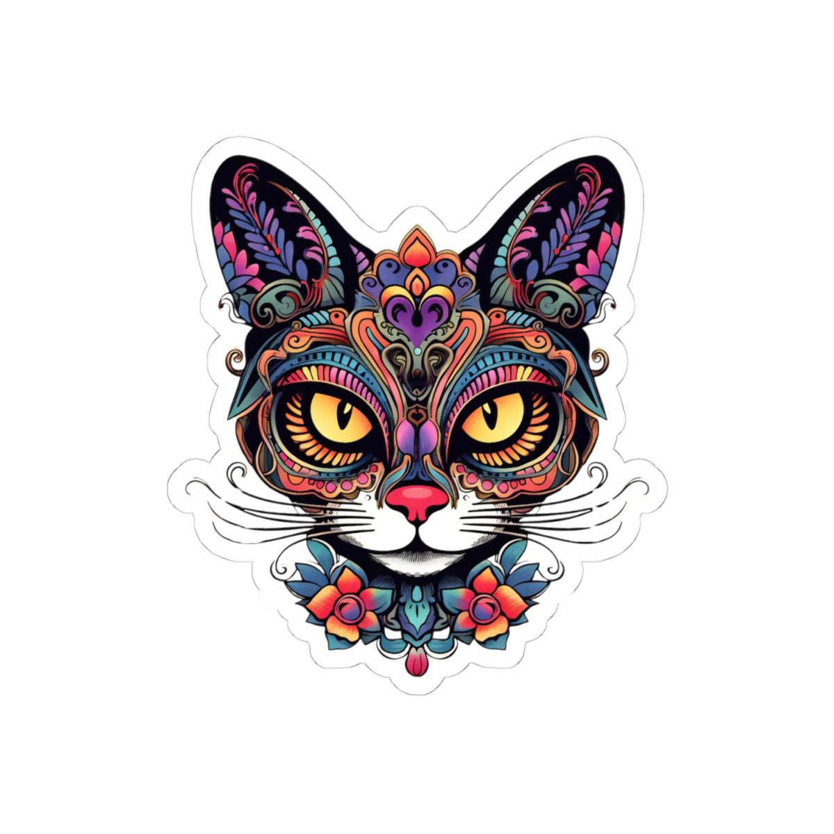Floral Psychedelic Cat Sticker | Trippy Mandala Vinyl Decal, Yellow Eyes