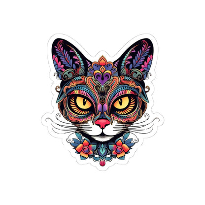 Floral Psychedelic Cat Sticker | Trippy Mandala Vinyl Decal, Yellow Eyes
