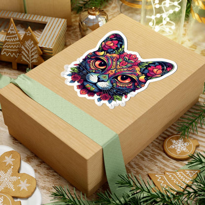 ColorFlow | Psychedelic Floral Cat Sticker with Roses and Orange Eyes | Boho Trippy Vinyl Decal for Laptop Water Bottle Journaling