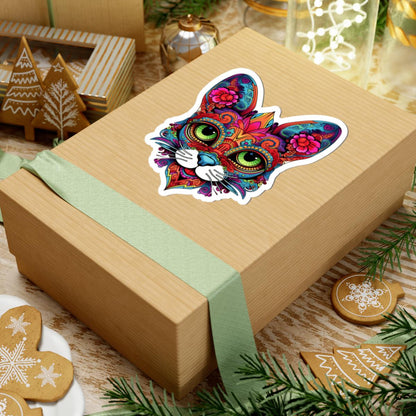 Psychedelic Floral Cat Sticker | Mandala Calavera Cat Decal, Green Eyes