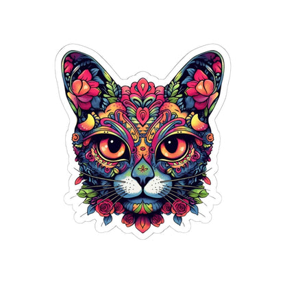 ColorFlow | Psychedelic Floral Cat Sticker with Roses and Orange Eyes | Boho Trippy Vinyl Decal for Laptop Water Bottle Journaling