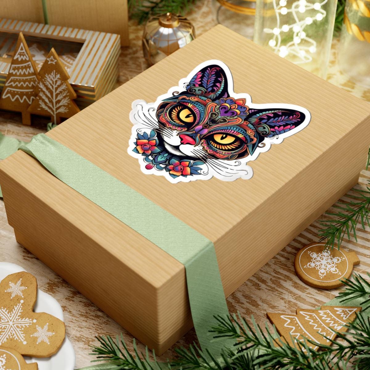 Floral Psychedelic Cat Sticker | Trippy Mandala Vinyl Decal, Yellow Eyes