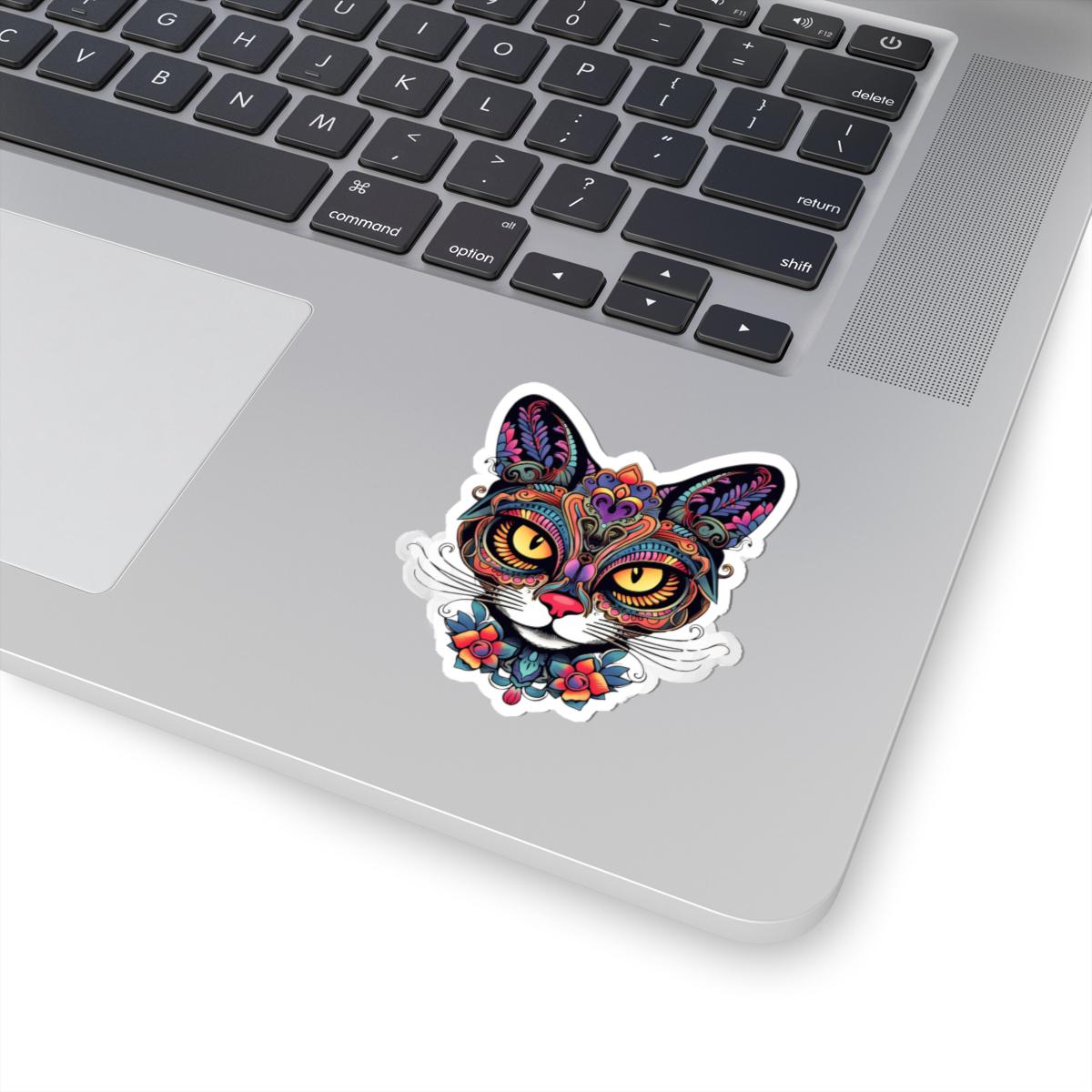 Floral Psychedelic Cat Sticker | Trippy Mandala Vinyl Decal, Yellow Eyes