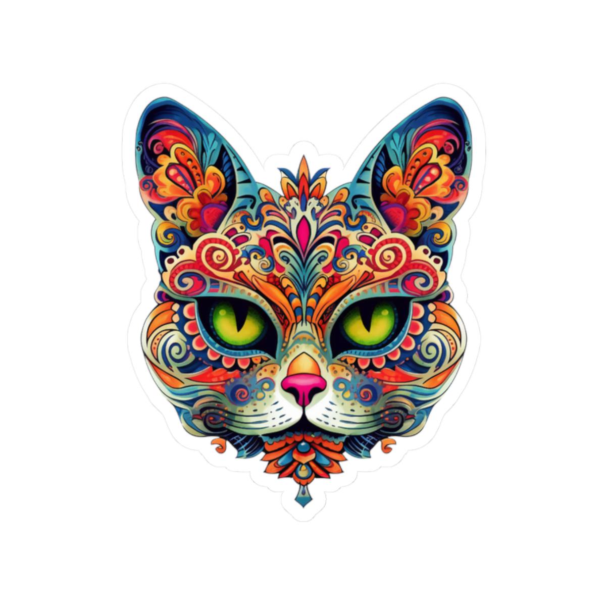 Psychedelic Mandala Cat Sticker | Vibrant Floral Trippy Vinyl Decal (Waterproof)