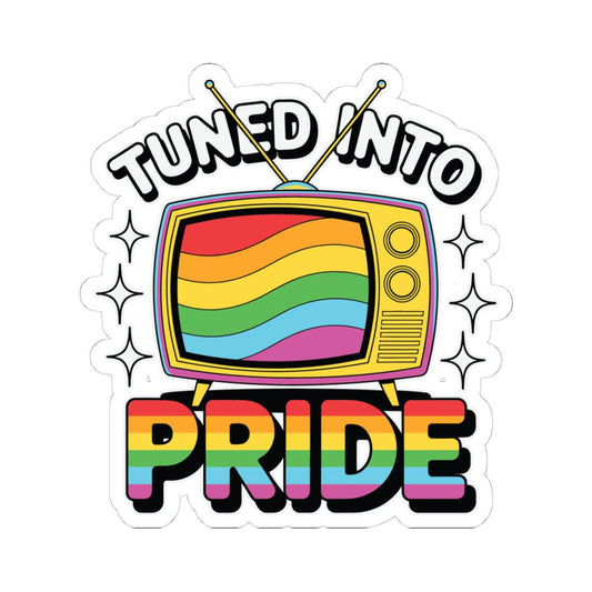 ColorFlow | Tuned Into Pride Sticker | Retro Rainbow LGBTQ Vinyl Sticker | Glossy Queer TV Kiss Cut Sticker | Colorful Pride Month Decor