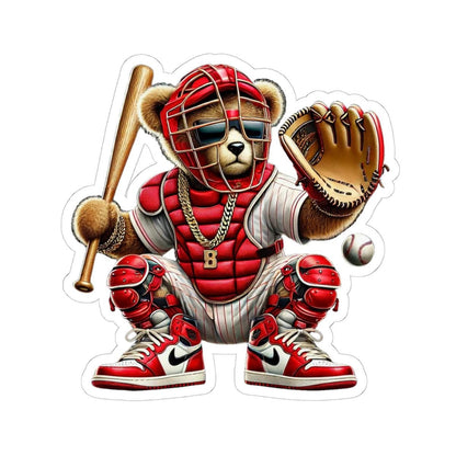 Baseball Catcher Bear Sticker | Red Gear, Gold Chain, Sports Fan Decal
