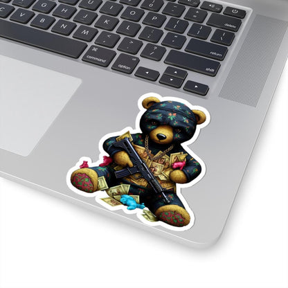 Gangsta Teddy Bear Sticker | Gold Chain, Rifle, Cash | Laptop Decal