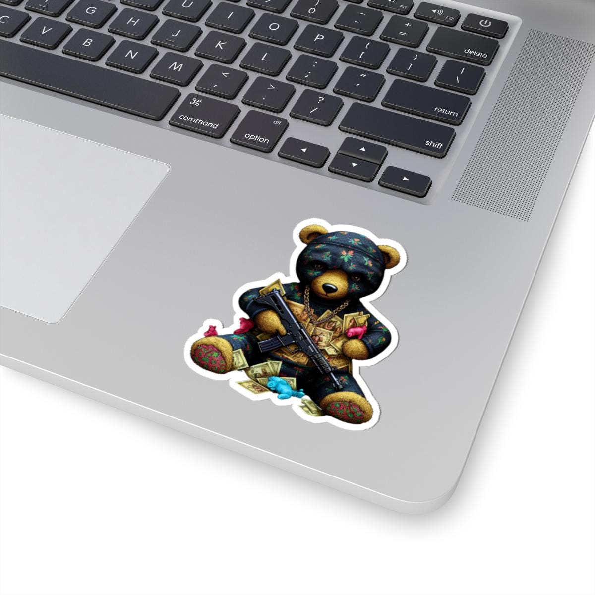 Gangsta Teddy Bear Sticker | Gold Chain, Rifle, Cash | Laptop Decal