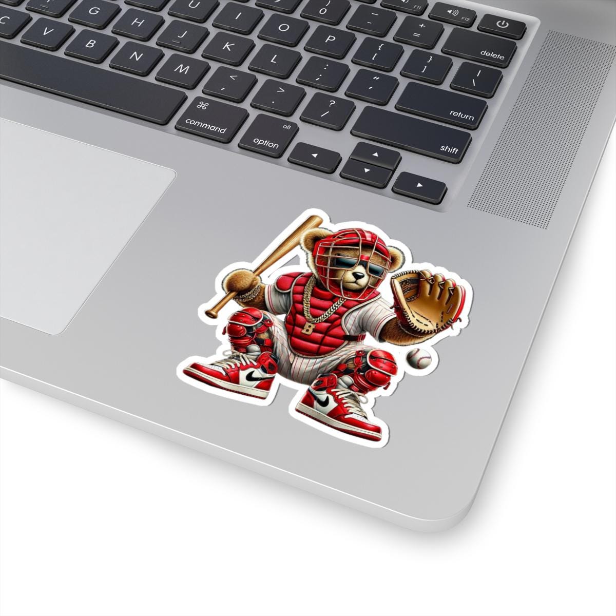 Baseball Catcher Bear Sticker | Red Gear, Gold Chain, Sports Fan Decal