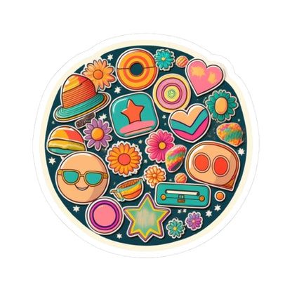 Groovy Retro Vibes Sticker Collage | 70s Planets, Flowers, Cassette, Stars
