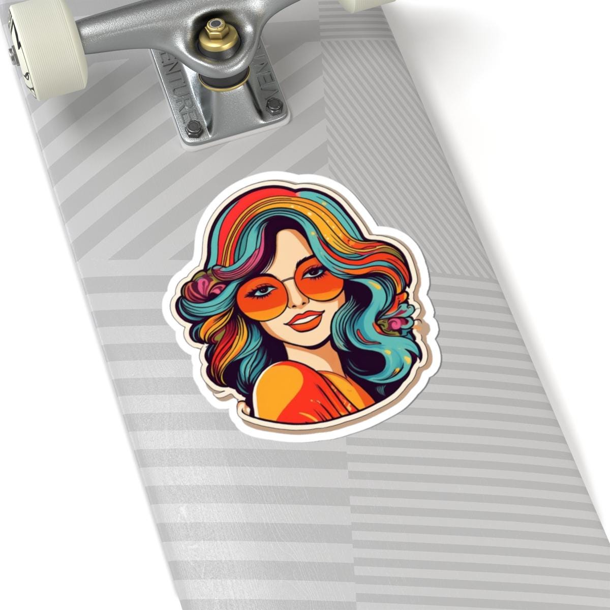 ColorFlow | Groovy Retro Woman Sticker with Colorful Hippie Hair and Sunglasses