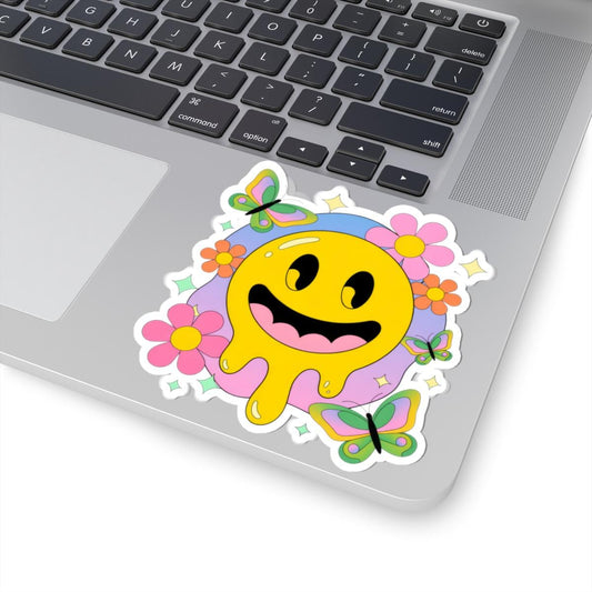 Groovy Drippy Smiley Face Sticker with Butterflies & Flowers | Retro Pastel Vinyl Decal