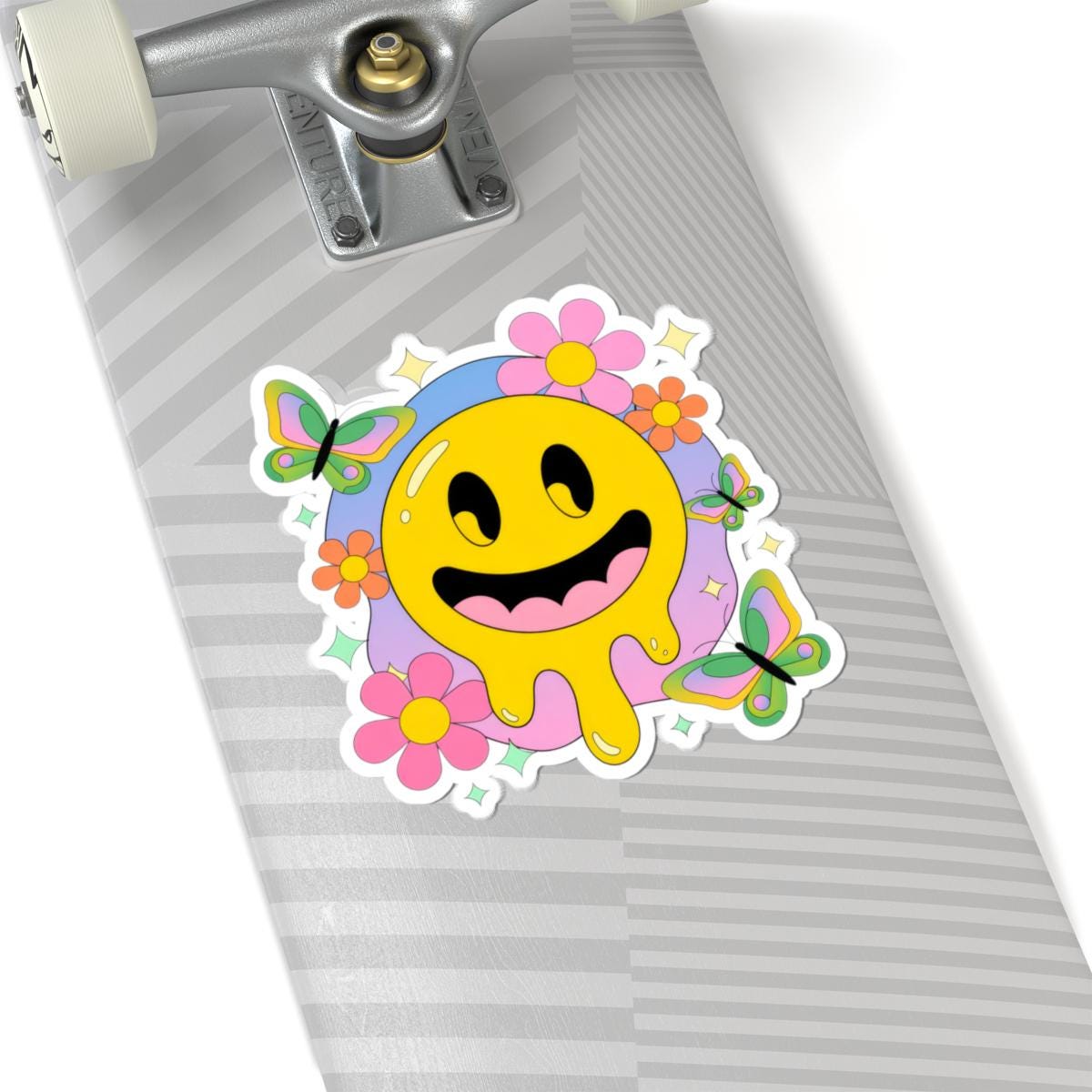 Groovy Drippy Smiley Face Sticker with Butterflies & Flowers | Retro Pastel Vinyl Decal
