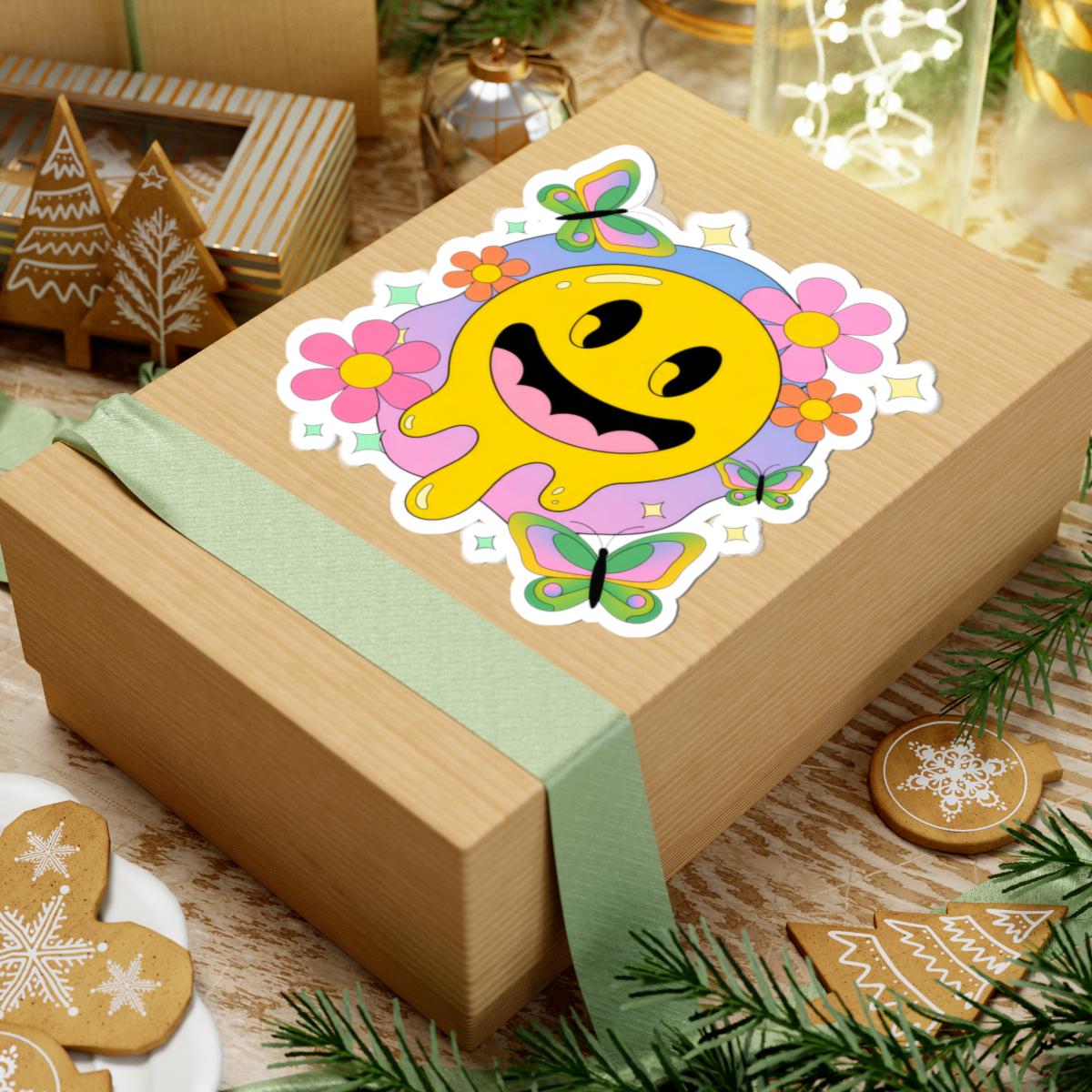 Groovy Drippy Smiley Face Sticker with Butterflies & Flowers | Retro Pastel Vinyl Decal