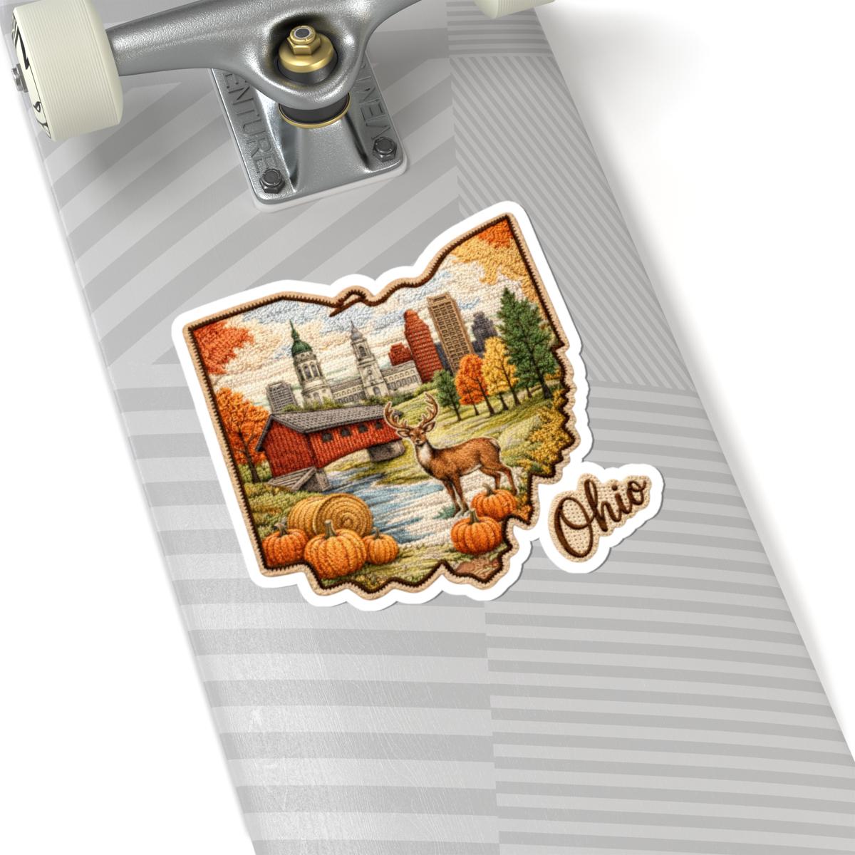 Ohio Autumn Heritage Vinyl Sticker | Covered Bridge, Skyline, Deer, Pumpkins
