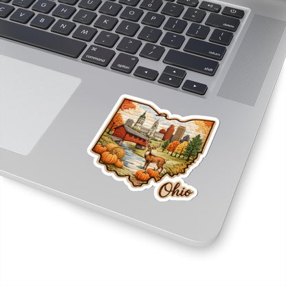Ohio Autumn Heritage Vinyl Sticker | Covered Bridge, Skyline, Deer, Pumpkins