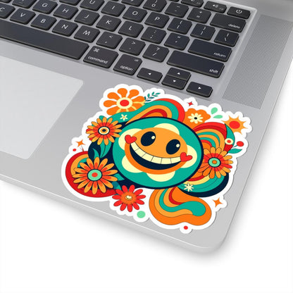 Retro Teal Heart Emoji Sticker | Groovy Flower Power Smiley Face Vinyl Decal