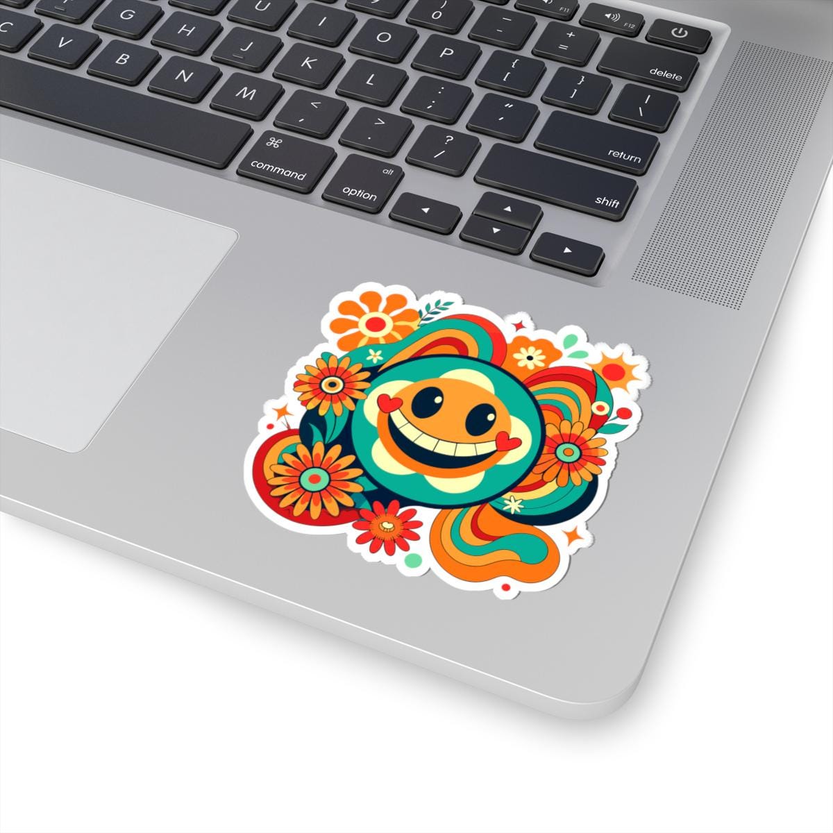 Retro Teal Heart Emoji Sticker | Groovy Flower Power Smiley Face Vinyl Decal