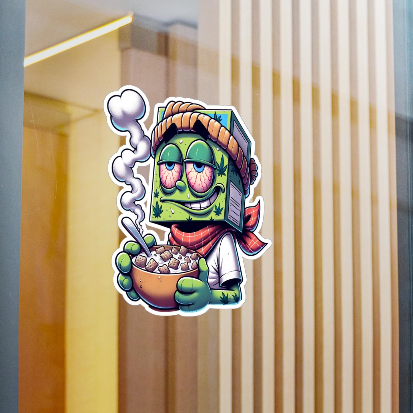 Stoned Cereal Box Head Sticker | Funny Cartoon Vinyl Art (Glossy, Matte, Holo)