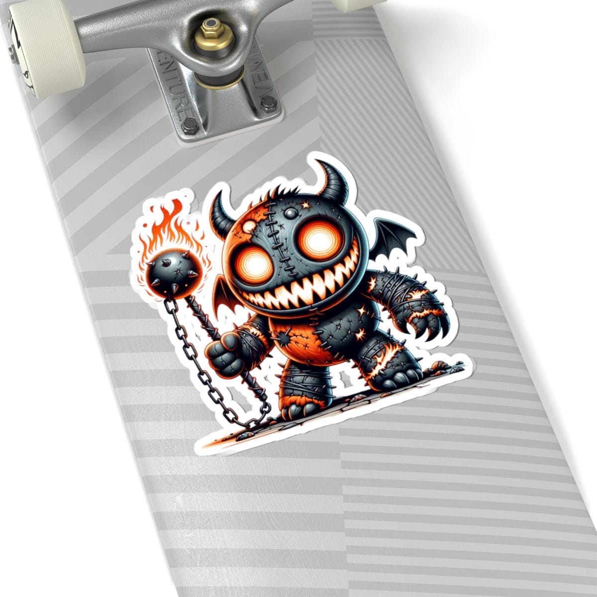 Stitched Demon Plushie Sticker | Fire Mace Vinyl Decal, Spooky Monster Art