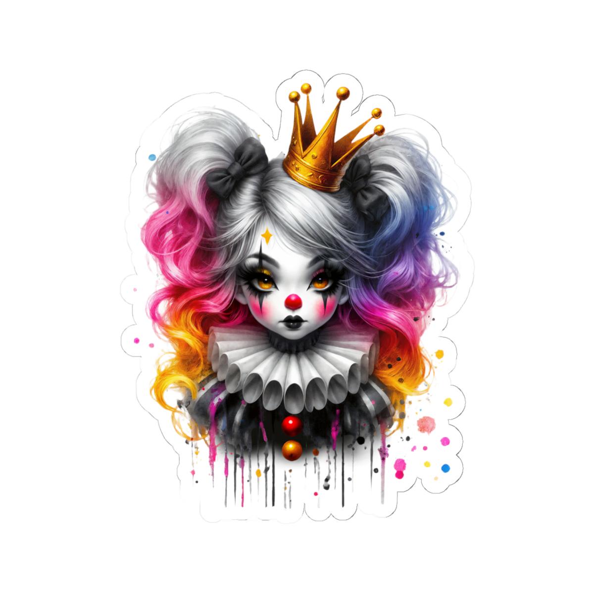 ColorFlow | Royal Pop Circus Clown Sticker | Pastel Goth Crowned Doll with Rainbow Hair | Kawaii Creepycore Art