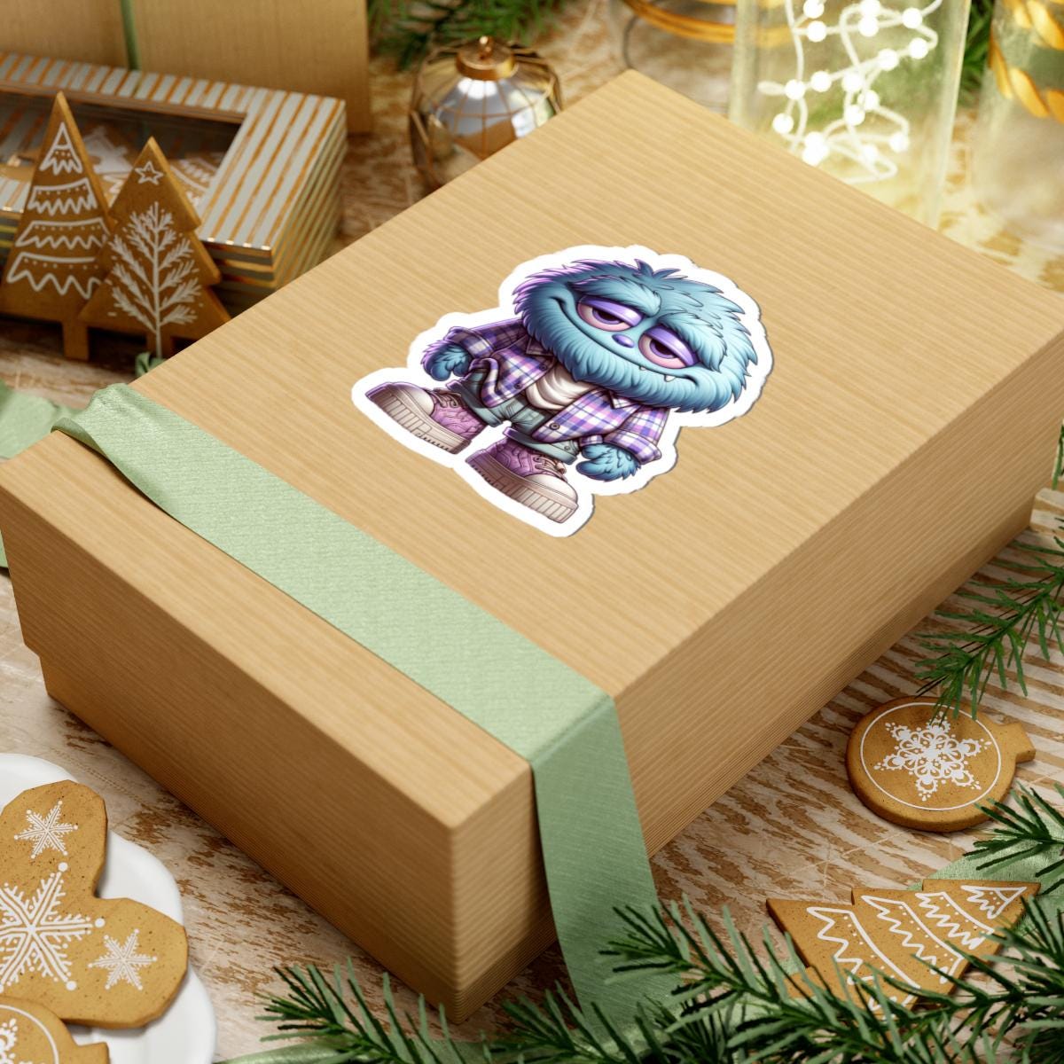ColorFlow Blue Furry Monster Sticker | Plaid Shirt Creature Vinyl Decal
