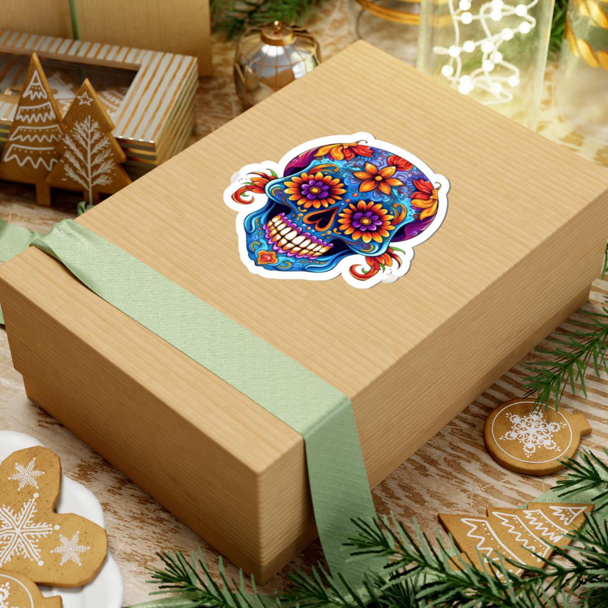 ColorFlow | Vibrant Floral Sugar Skull Sticker | Dia de los Muertos Vinyl Decal | Waterproof Skull Art | Colorful Skull Aesthetic
