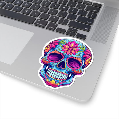 ColorFlow | Pink Floral Sugar Skull Sticker | Dia de los Muertos Vinyl Decal | Waterproof Colorful Skull Art | Boho Skull Aesthetic