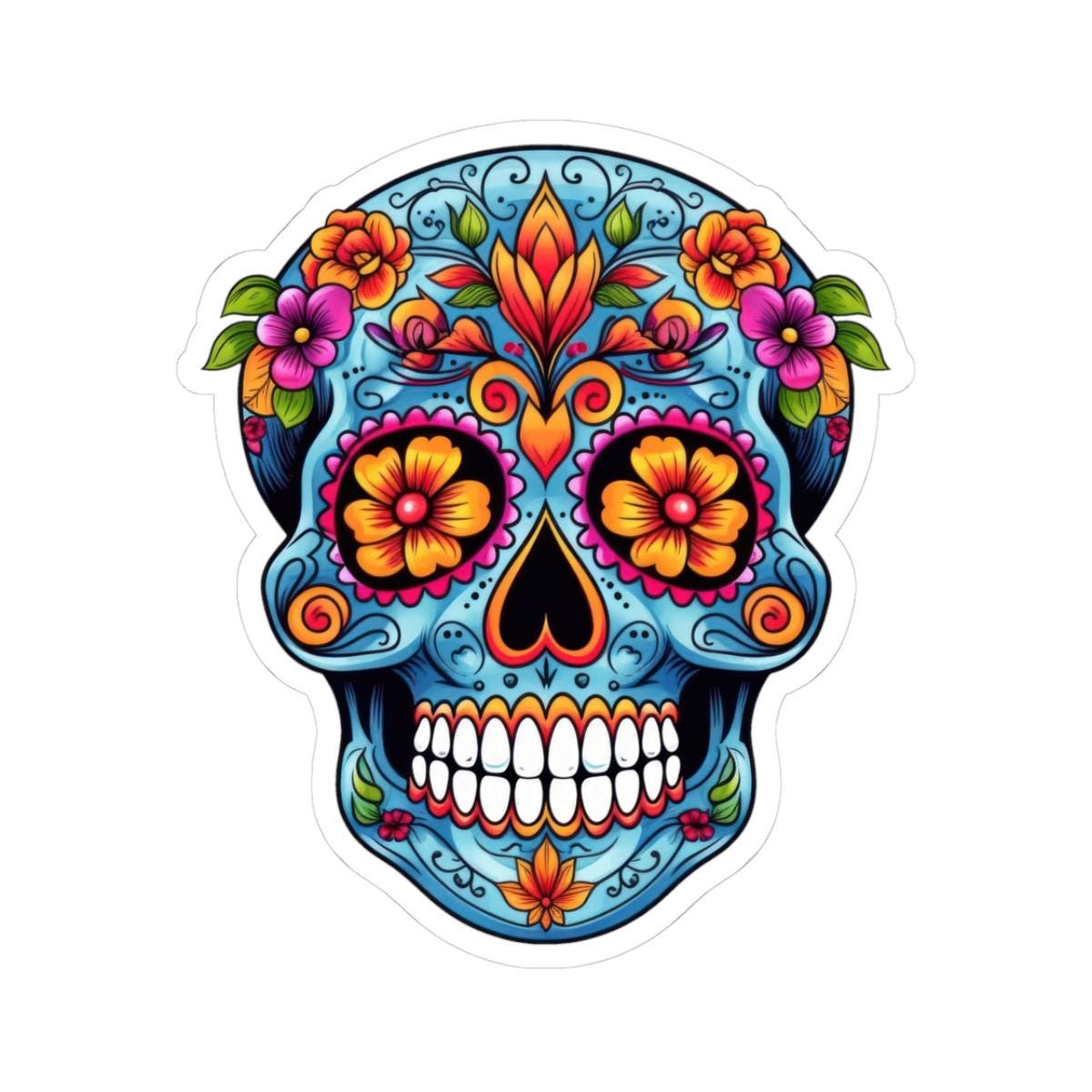 Blue Sugar Skull Floral Sticker | Dia de los Muertos Vinyl Decal (Waterproof)