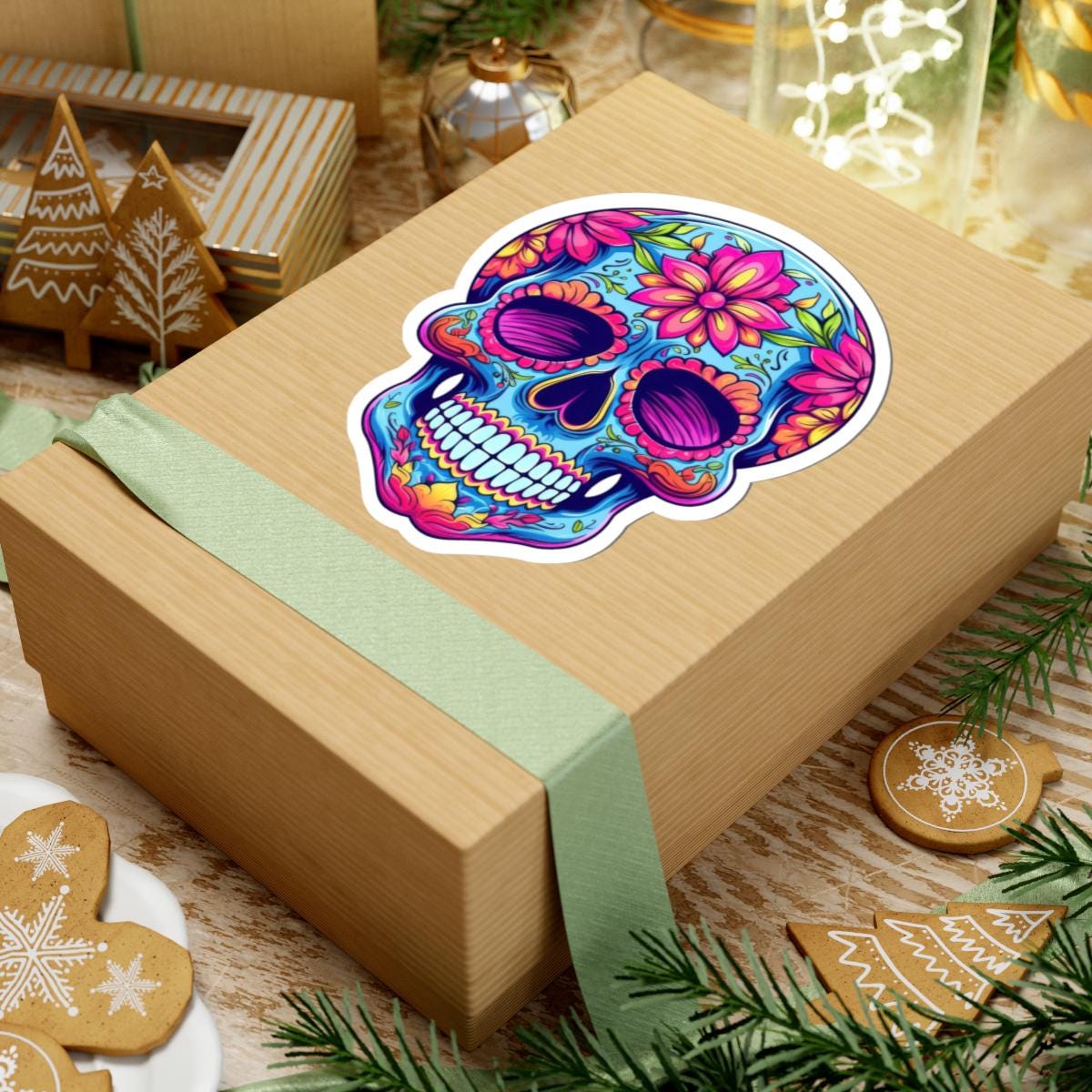 ColorFlow | Pink Floral Sugar Skull Sticker | Dia de los Muertos Vinyl Decal | Waterproof Colorful Skull Art | Boho Skull Aesthetic