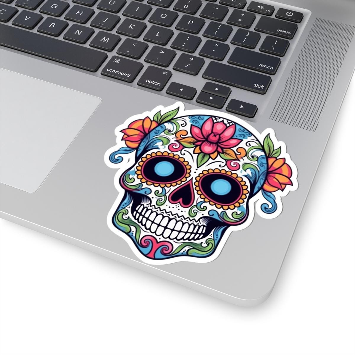 ColorFlow | White Sugar Skull Vinyl Sticker | Floral Dia de los Muertos Decal | Waterproof Gothic Skull Art for Laptop or Flask