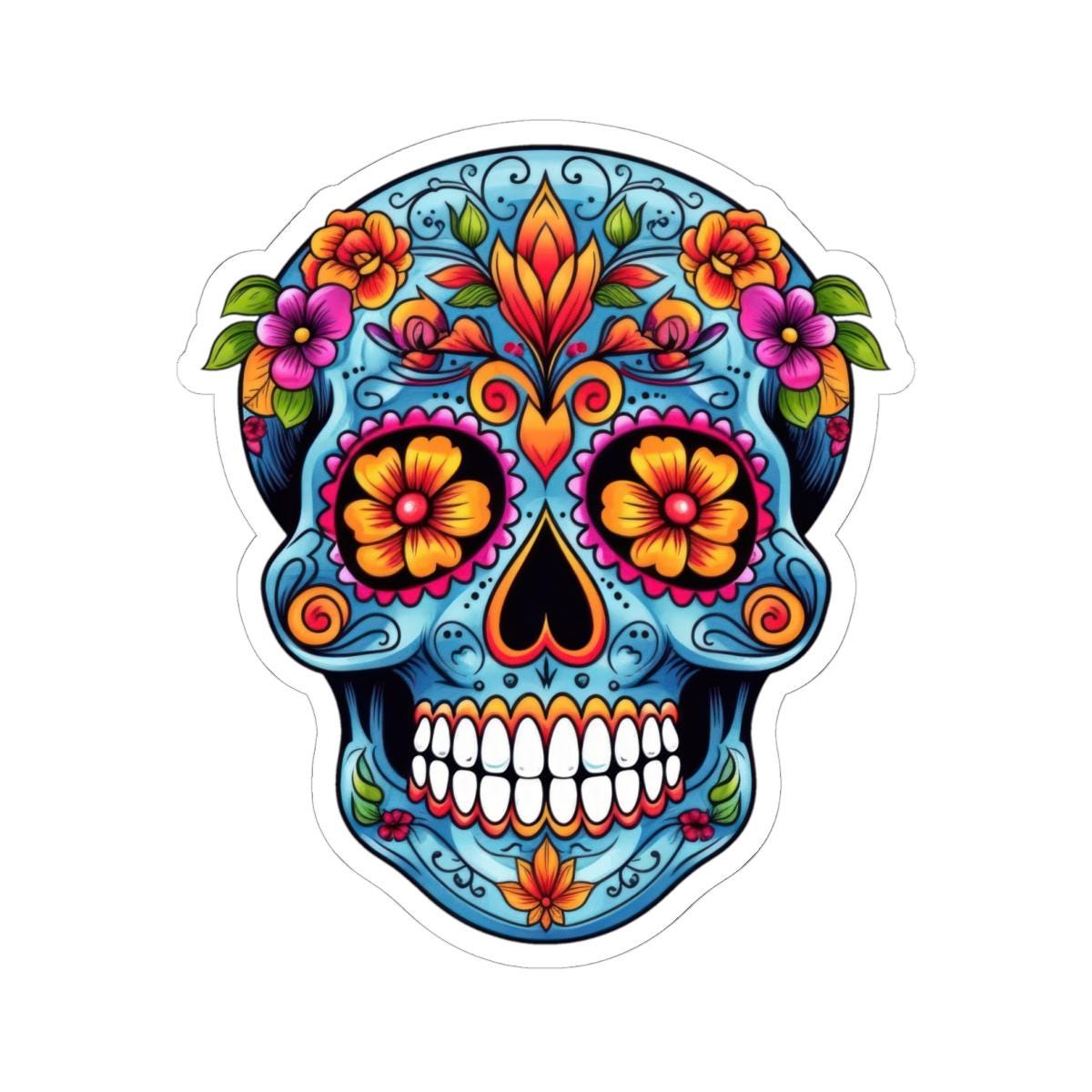 Blue Sugar Skull Floral Sticker | Dia de los Muertos Vinyl Decal (Waterproof)