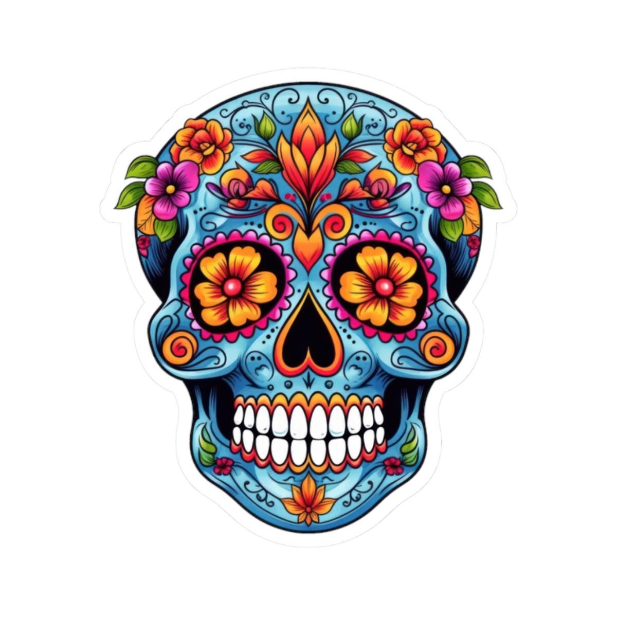 Blue Sugar Skull Floral Sticker | Dia de los Muertos Vinyl Decal (Waterproof)