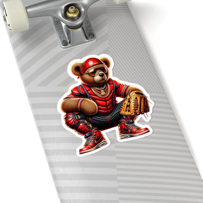 ColorFlow | Red Catcher Gangsta Teddy Sticker | Bold Baseball Bear with Bling & Glove | Urban Kiss Cut Sports Sticker