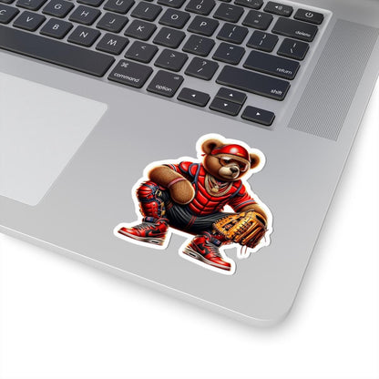 ColorFlow | Red Catcher Gangsta Teddy Sticker | Bold Baseball Bear with Bling & Glove | Urban Kiss Cut Sports Sticker