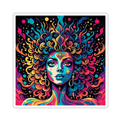 Vibrant Psychedelic Woman Art Sticker, Colorful Boho Decal for Laptops, Journals
