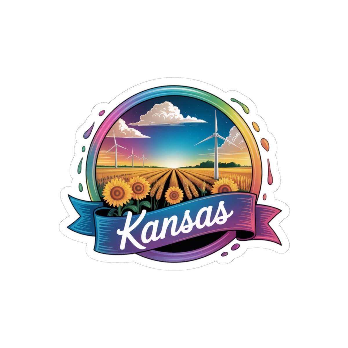 ColorFlow | Kansas Sunflower Prairie Windmill Vinyl Sticker | Midwest Farm Sunset Travel Art Decal