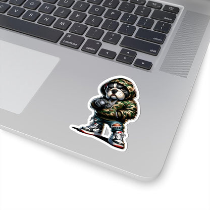 Bulldog Hoodie Sticker | Camo Urban Dog Art, Waterproof Vinyl (Glossy Finish)