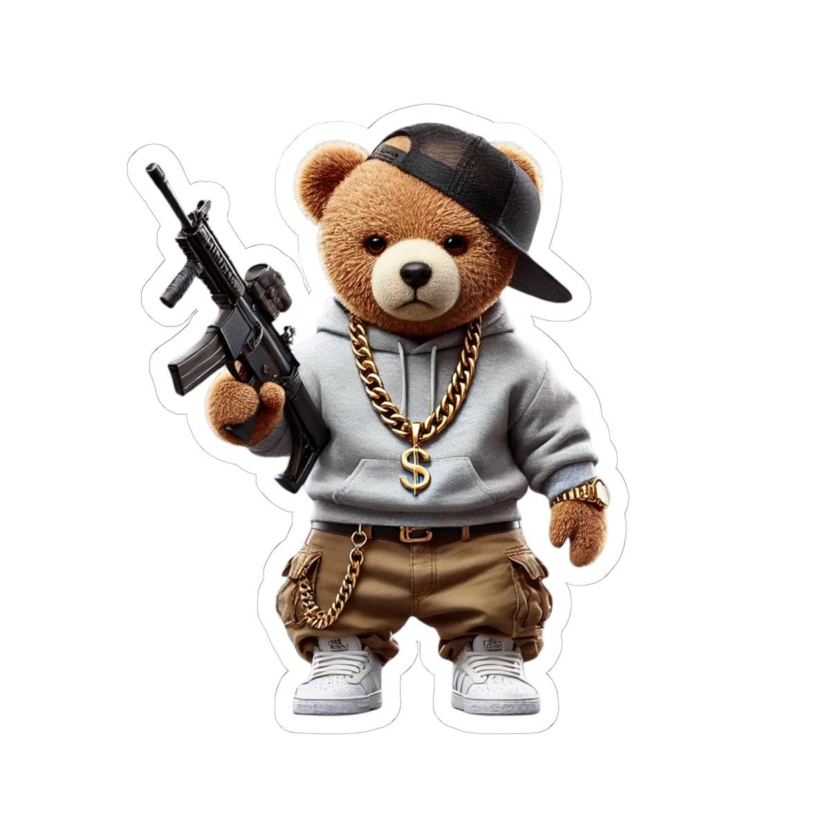 ColorFlow | Gangsta Teddy Bear Kiss Cut Sticker | Urban Hood Bear with Bling & Hoodie | Funny Hip Hop Sticker Art