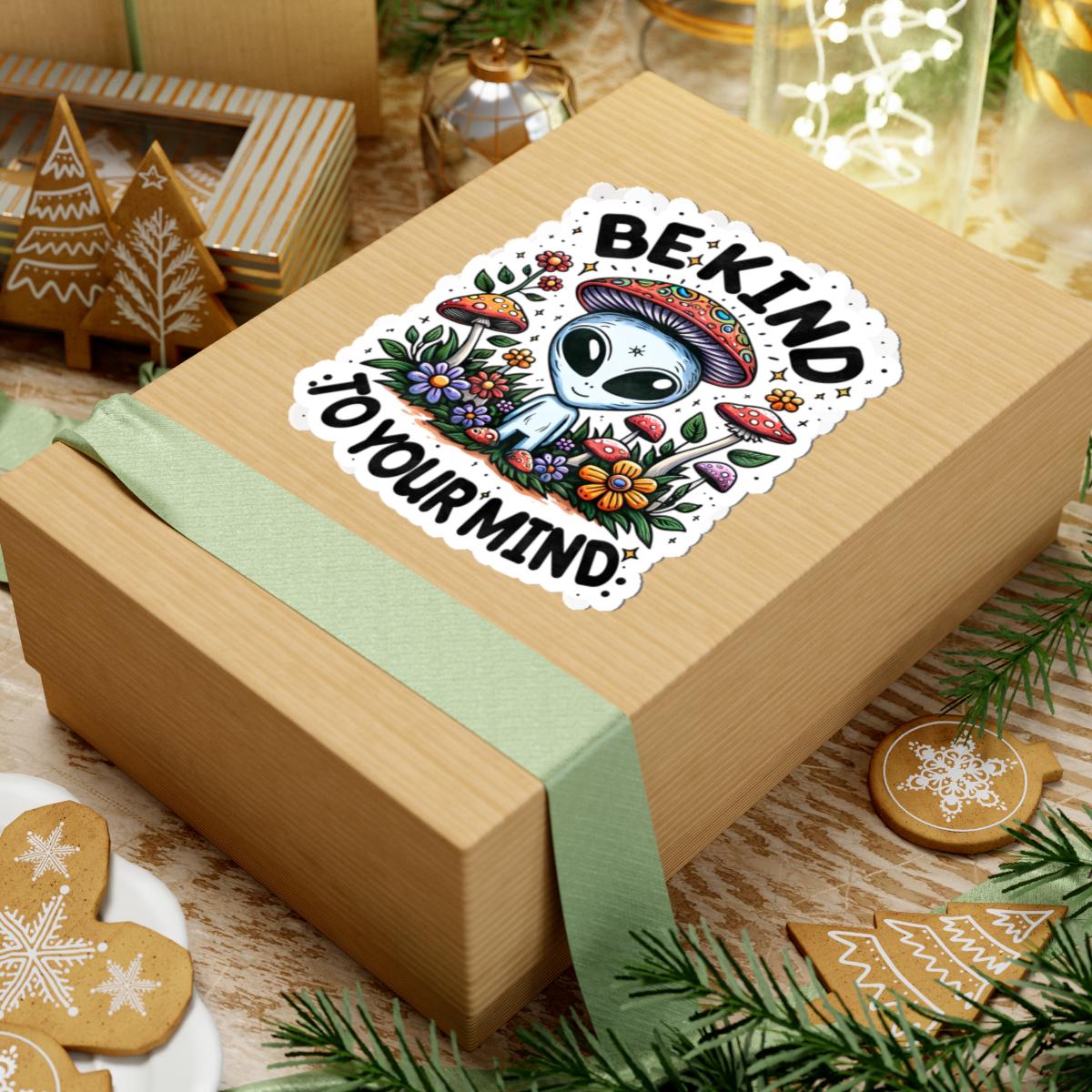 ColorFlow | Be Kind To Your Mind Sticker | Cute Alien Mushroom Hippie Vinyl Waterproof Decal | Psychedelic Boho Mental Health Art