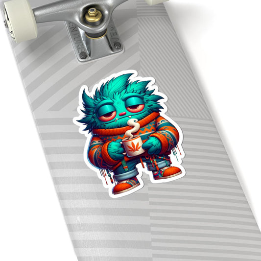 ColorFlow | Cozy Coffee Blue Monster Kiss Cut Sticker Sweater Weather Character Art for Laptops Water Bottles Journals and More