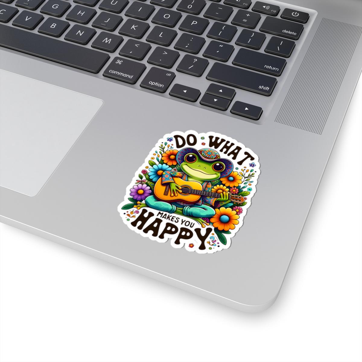 ColorFlow | Do What Makes You Happy Frog Sticker | Hippie Frog Playing Guitar Decal | Colorful Boho Vinyl Sticker for Laptops