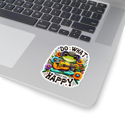 ColorFlow | Do What Makes You Happy Frog Sticker | Hippie Frog Playing Guitar Decal | Colorful Boho Vinyl Sticker for Laptops