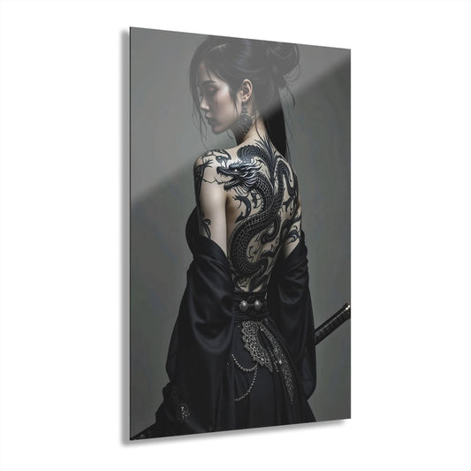 ColorFlow | Dragon Tattoo Woman Metal Art Print | Japanese Style Artwork | Samurai Aesthetic Decor | Dark Beauty Decor | Modern Decor