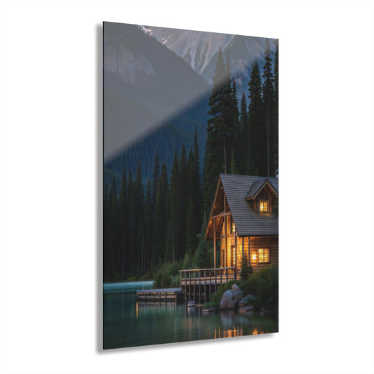 ColorFlow | Mountain Cabin Lake Metal Art Print | Cozy Nature Artwork | Forest Landscape Decor | Rustic Home Decor | Cabin Decor