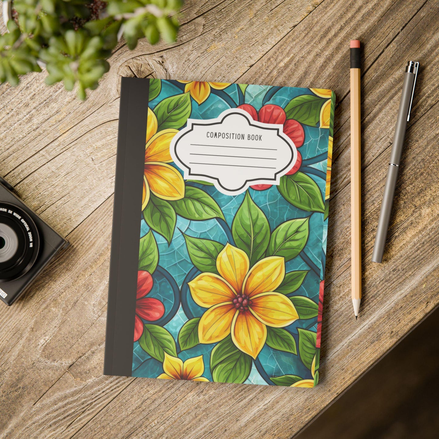 Aqua Blossom Garden Composition Notebook | Stained Glass Floral Journal for School